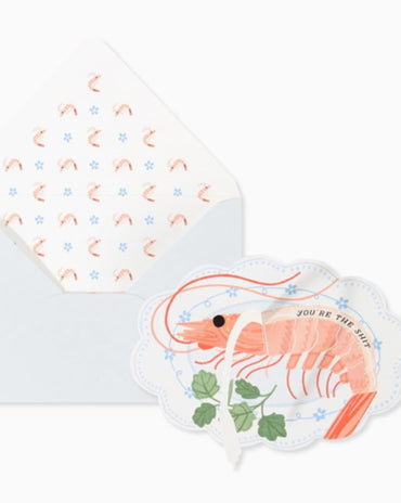 Shrimp pop-up greeting card with illustrated shrimp design and patterned envelope liner on a white background.
