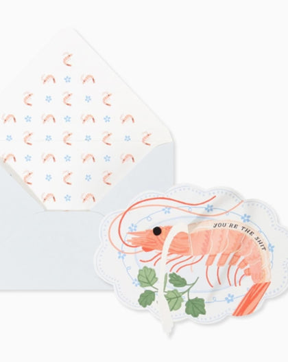 Shrimp pop-up greeting card with illustrated shrimp design and patterned envelope liner on a white background.