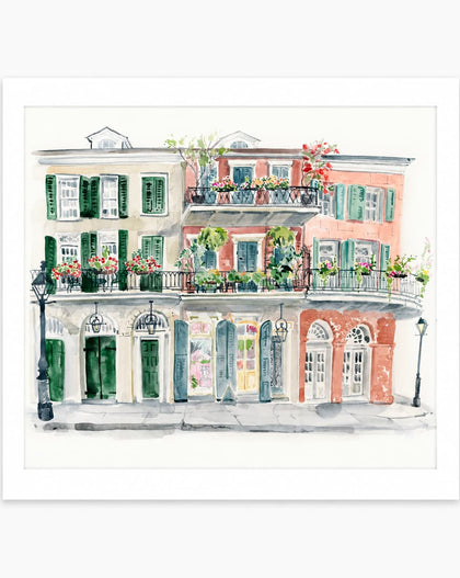 A watercolor art print depicting a row of classic French Quarter-style buildings with green shutters, balconies, and flower boxes, presented with a wide white border on a light gray background.