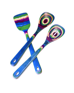Three colorful tropical rainbow laminated-wood utensils—spatula, solid spoon, and slotted spoon—featuring blue, green, purple, and pink layers.
