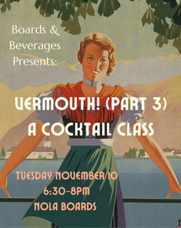 Vintage-style event poster for 'Uermouth! (Part 3) A Cocktail Class' presented by Boards & Beverages, featuring an illustration of a woman in a red and green dress against a coastal landscape background.