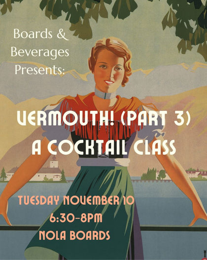 Vintage-style event poster for 'Uermouth! (Part 3) A Cocktail Class' presented by Boards & Beverages, featuring an illustration of a woman in a red and green dress against a coastal landscape background.