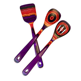 hree colorful layered-wood kitchen utensils—spatula, solid spoon, and slotted spoon—in purple, red, and orange tones on white background.