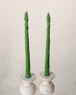 asparagus shaped beeswax taper candles set of two in green, unique vegetable candles for spring table decor