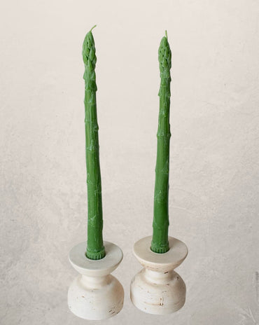 asparagus shaped beeswax taper candles set of two in green, unique vegetable candles for spring table decor