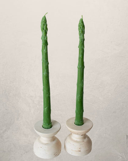 asparagus shaped beeswax taper candles set of two in green, unique vegetable candles for spring table decor
