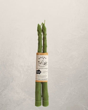 asparagus shaped beeswax taper candles set of two in green, unique vegetable candles for spring table decor