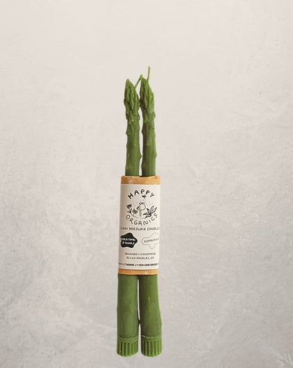 asparagus shaped beeswax taper candles set of two in green, unique vegetable candles for spring table decor
