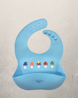 blue silicone baby bib with snowball design and crumb catcher pocket, BPA free feeding bib for babies