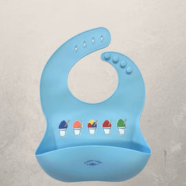 blue silicone baby bib with snowball design and crumb catcher pocket, BPA free feeding bib for babies