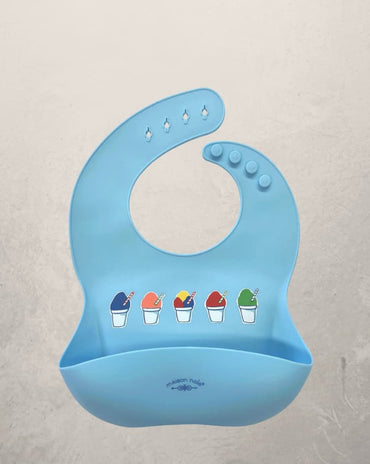blue silicone baby bib with snowball design and crumb catcher pocket, BPA free feeding bib for babies