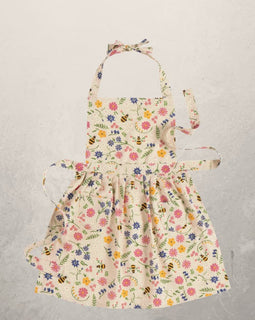 floral bee garden apron with colorful flowers and bees