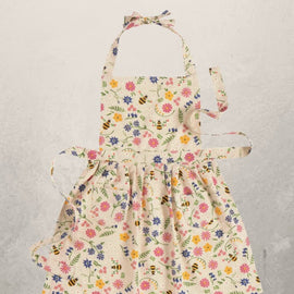 floral bee garden apron with colorful flowers and bees