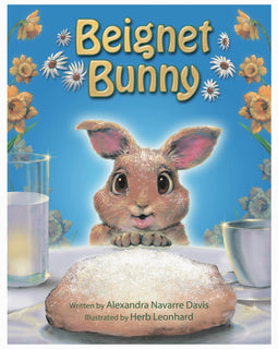 Beignet Bunny children’s book cover with a bunny and powdered sugar beignet, New Orleans themed kids storybook