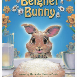 Beignet Bunny children’s book cover with a bunny and powdered sugar beignet, New Orleans themed kids storybook