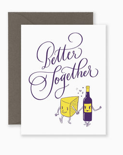 Greeting card with illustrated wine and cheese and the phrase “Better Together,” shown with kraft envelope