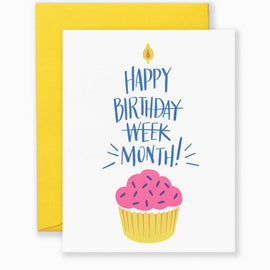 Greeting card with bold, playful typography reading “Happy Birthday Month” from Lionheart Prints, shown with kraft envelope