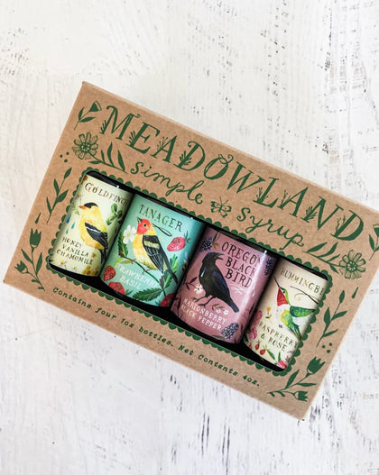 botanical simple syrup sampler set with four mini bottles featuring fruit and herb flavors for cocktails and beverages