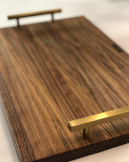 Brass Baby walnut serving tray with brushed brass handles, elegant wood tray for cocktails and entertaining inspired by New Orleans
