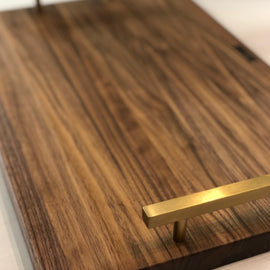 Brass Baby walnut serving tray with brushed brass handles, elegant wood tray for cocktails and entertaining inspired by New Orleans
