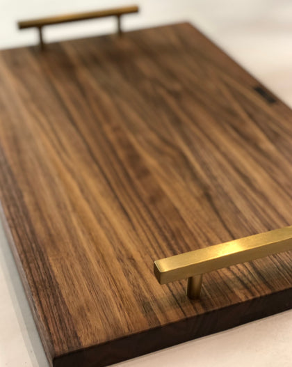 Brass Baby walnut serving tray with brushed brass handles, elegant wood tray for cocktails and entertaining inspired by New Orleans