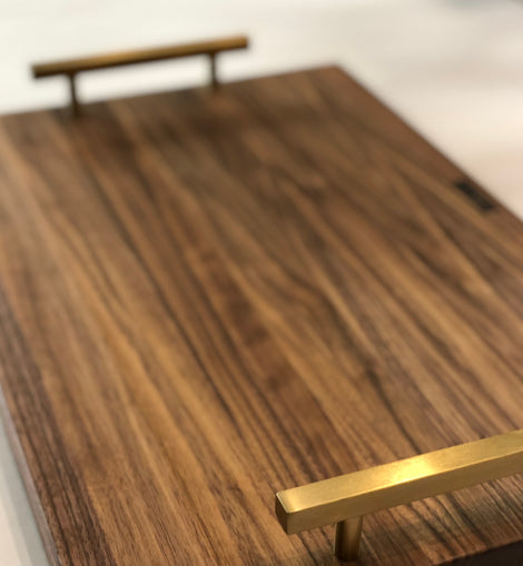 Brass Baby walnut serving tray with brushed brass handles, elegant wood tray for cocktails and entertaining inspired by New Orleans