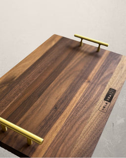 Brass Baby walnut serving tray with brushed brass handles, elegant wood tray for cocktails and entertaining inspired by New Orleans