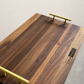 Brass Baby walnut serving tray with brushed brass handles, elegant wood tray for cocktails and entertaining inspired by New Orleans