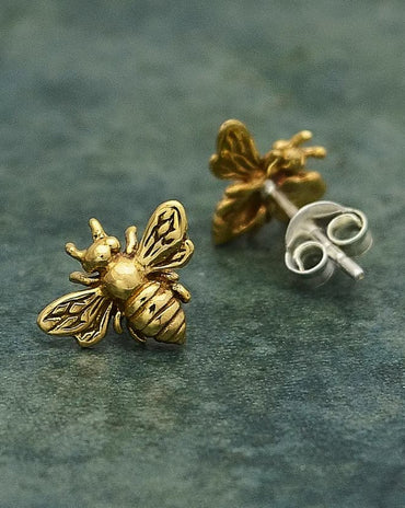 Dainty bronze honeybee stud earrings featuring detailed bee designs, perfect for nature lovers and everyday wear.