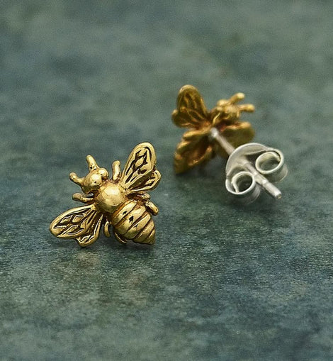 Dainty bronze honeybee stud earrings featuring detailed bee designs, perfect for nature lovers and everyday wear.