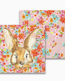 Spring bunny floral paper napkins with watercolor rabbit and colorful flowers, perfect for Easter and brunch table settings