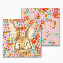 Spring bunny floral paper napkins with watercolor rabbit and colorful flowers, perfect for Easter and brunch table settings