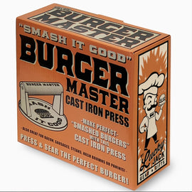 Burger Master cast iron press packaging with vintage design elements.