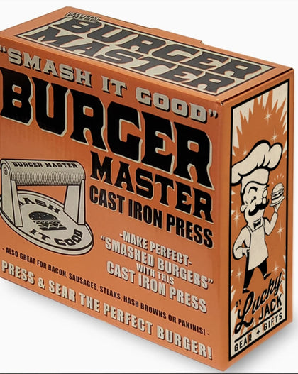 Burger Master cast iron press packaging with vintage design elements.