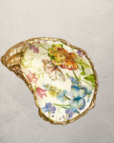 butterfly floral oyster shell trinket dish with gold edge