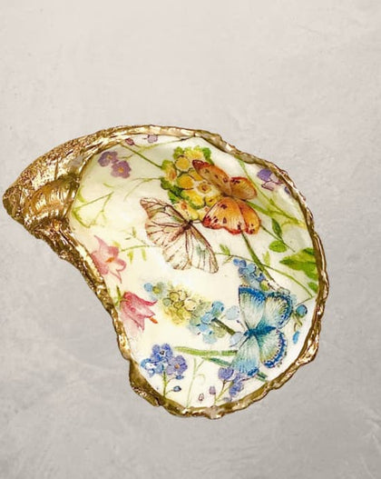 butterfly floral oyster shell trinket dish with gold edge