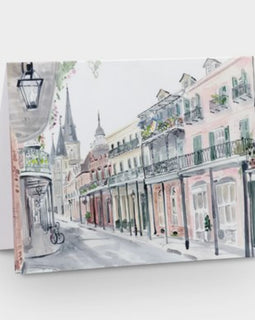 watercolor French Quarter scene greeting card with cathedral view