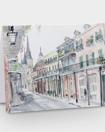 watercolor French Quarter scene greeting card with cathedral view