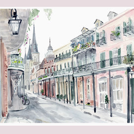 watercolor painting of French Quarter street with St Louis Cathedral view