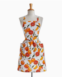 Apron with vibrant citrus orange print,