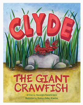 Cover of Clyde the Giant Crawfish children’s book featuring a large red crawfish surrounded by bayou scenery and playful illustrations.