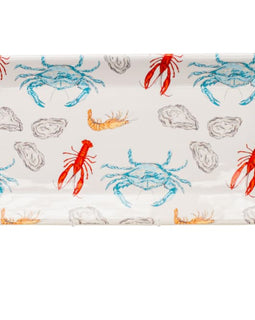 White rectangular ceramic platter with colorful coastal seafood illustrations, measuring 12x6.5 inches