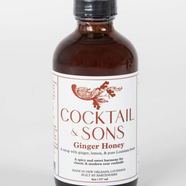 Cocktail and Sons ginger honey syrup bottle made in New Orleans, cocktail mixer with ginger, lemon, and Louisiana honey