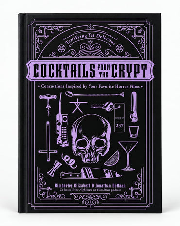 Cocktails from the Crypt book featuring horror movie-inspired drink recipes and film pairings.