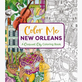 Color Me New Orleans coloring book cover with illustrations of a cello, mask, and cityscape.