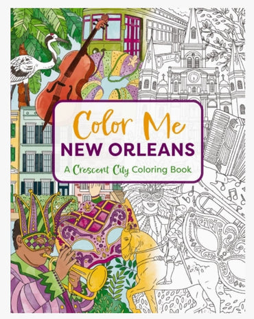 Color Me New Orleans coloring book cover with illustrations of a cello, mask, and cityscape.
