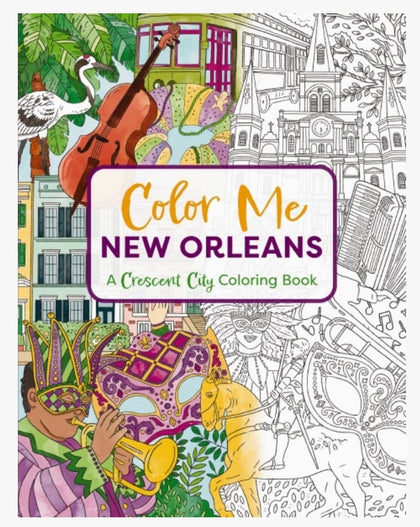 Color Me New Orleans coloring book cover with illustrations of a cello, mask, and cityscape.