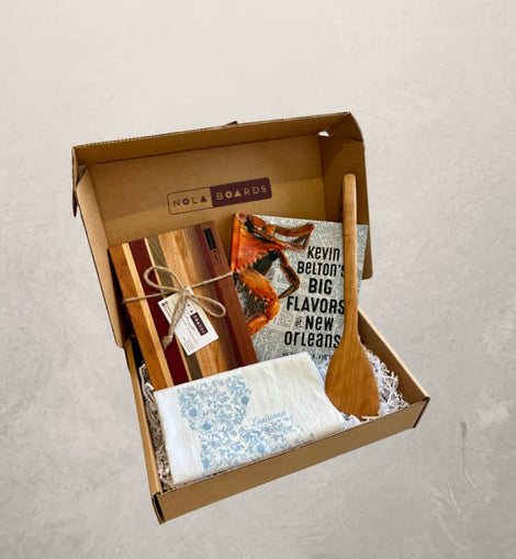 New Orleans Cooking Gift Box with Petit Fromage Board, Louisiana Tea Towel, 12