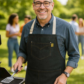 Man wearing a black apron and glasses, standing by a grill in a park with people in the background.