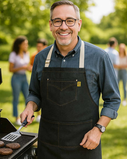 Man wearing a black apron and glasses, standing by a grill in a park with people in the background.